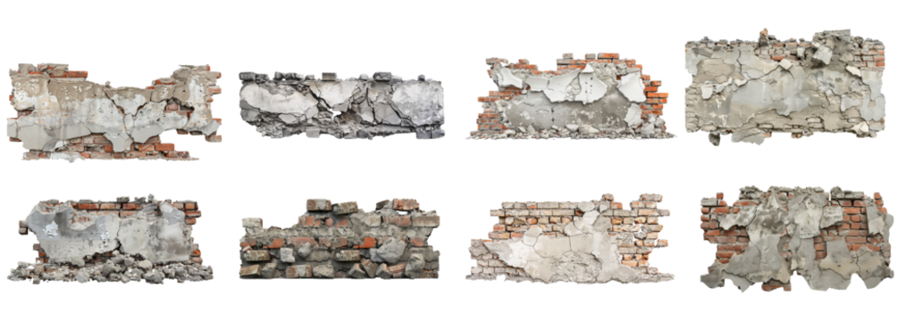 A collapsed, cracked or broken concrete brick set isolated on transparent or white background	