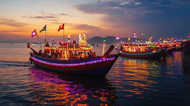 Nha Trang Sea Festival, a parade of fishing boats decorated with colorful lights and waving flags along the coast, Ai generated images