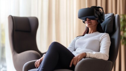 Obraz premium A woman immersed in virtual reality, enjoying a futuristic experience while seated comfortably in a modern chair.