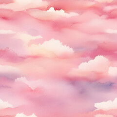 Watercolor seamless pattern of a bright pink sky in the early morning with some thin clouds.