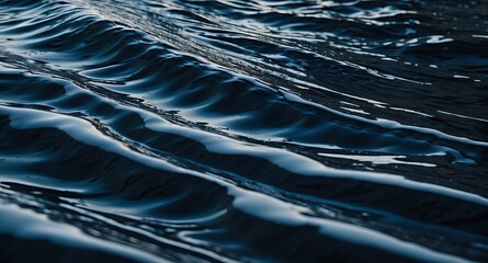 Detailed close-up of dark ocean waves with reflective ripples, capturing the serene movement of water at dusk with moody lighting