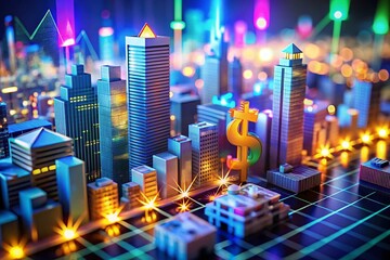Obraz premium 3D Finance Illustration with Tilt-Shift Photography for Investment Growth and Economic Concepts