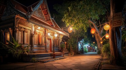 Fototapeta premium Serene Night at a Traditional Temple with Lanterns