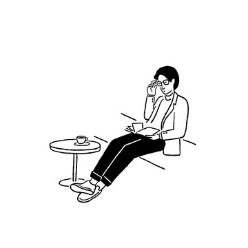 recommend clip art: Man reading book with hot coffee sit in Cafe People lifestyle Hand drawn line art cartoon illustration 