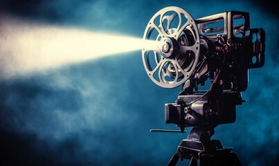Naklejka premium Vintage film projector casting a beam of light.
