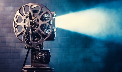 Obraz premium Vintage film projector in a dark room.