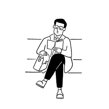 recommend clip art: Man with eyeglasses reading book with bag City People lifestyle cartoon Hand drawn Line art Illustration