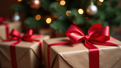 Obraz premium Elegant Christmas gift boxes with red ribbons, surrounded by festive decorations and lights.