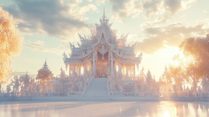 Fototapeta premium Majestic White Temple at Sunset in Serene Landscape