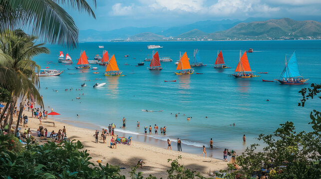 Nha Trang Sea Festival, tropical beach filled with colorful traditional sailing boats against the backdrop of clear blue sea, Ai generated images