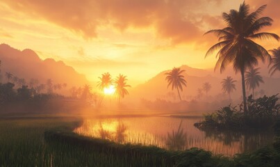 Golden sunset over tropical pond and palm trees.