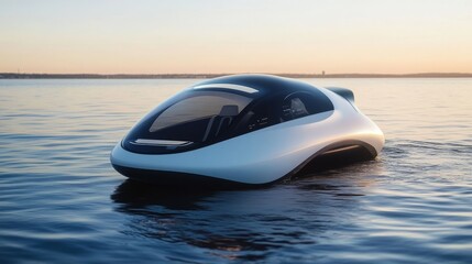 Futuristic watercraft glides smoothly over tranquil waters during sunset, showcasing innovative design and advanced technology.