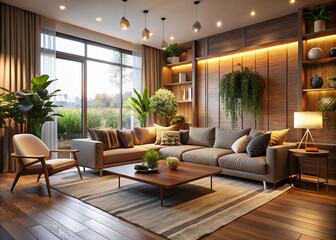 3D Simple Living Room with Long Exposure Lighting Effects for Modern Interior Design