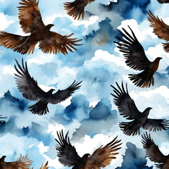 Fototapeta premium Watercolor seamless pattern of sky with spreading wings silhouette on blue background.