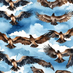 Watercolor seamless pattern of sky with spreading wings silhouette on blue background.