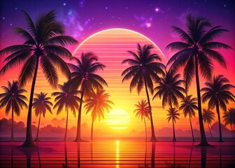 Fototapeta premium 1980s Retrowave Long Exposure with Coconut Palm Trees Against Gradient Sunset for Retro Aesthetic