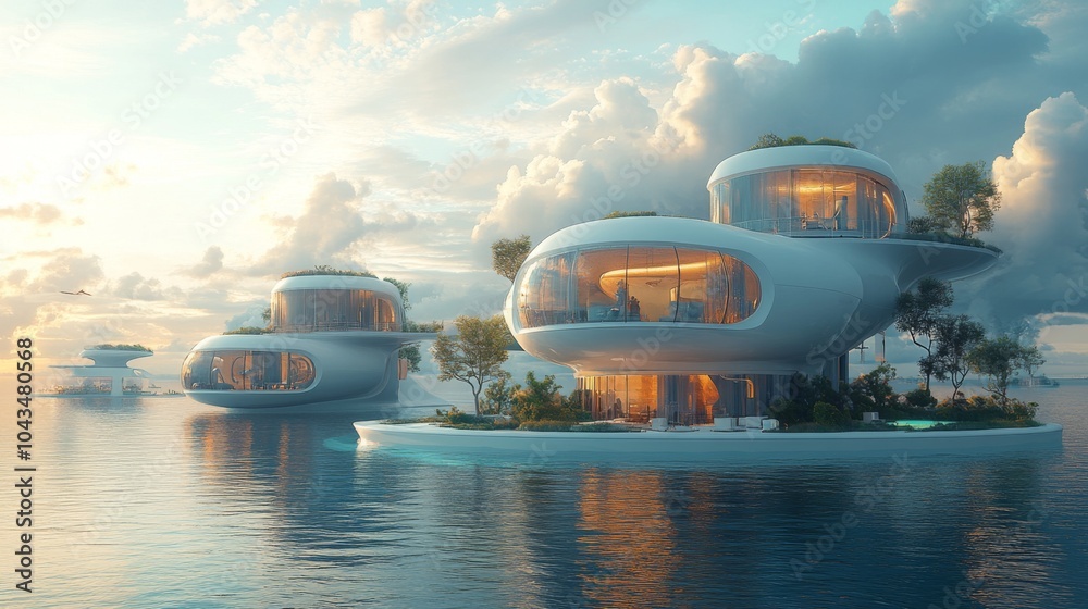 Aufkleber three innovative floating residences are nestled on tranquil waters, surrounded by lush greenery, wh