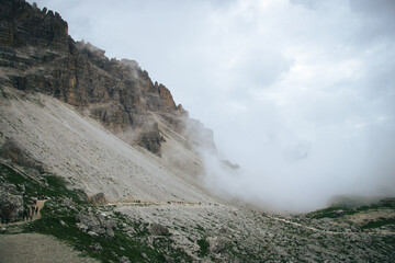 Landscape of Tre Cime di Lavaredo hiking trail in the Italian Dolomites