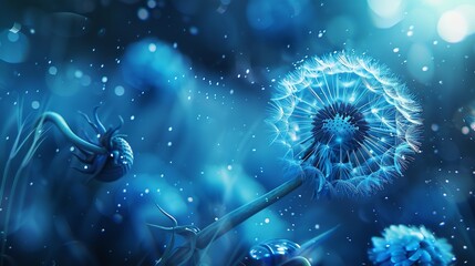 A close-up of a blue Dandelion's macro bloom combines warm and cold hues, evoking a sense of blended temperatures.