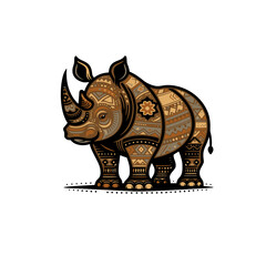African rhinoceros vector illustration with African tribal patterns, no background, in a brown color palette.