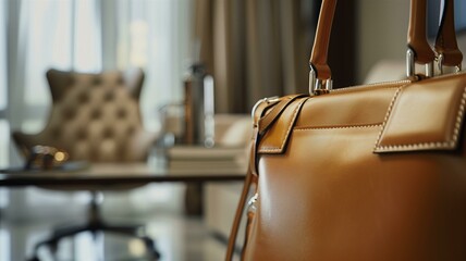 Elegant close-up of a luxury leather handbag in a sophisticated store setting