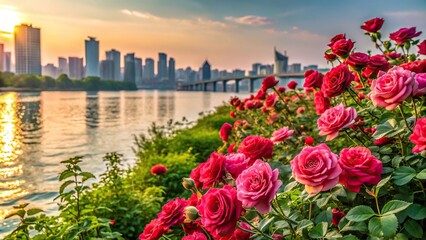 Roses in full bloom along the Han River in Seoul