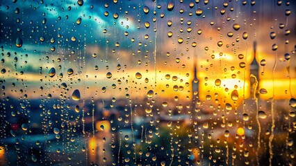 Fototapeta premium Abstract Background with Raindrops on Window Glass - Panoramic Photography for Mood and Atmosphere