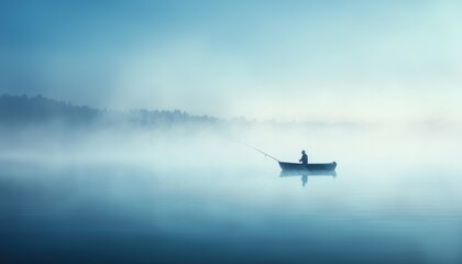 A solitary fisherman in a small boat on a misty lake, surrounded by serene, calm waters and a tranquil atmosphere.