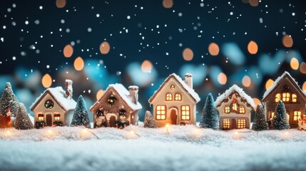 Naklejka premium A snowy Christmas village with houses decorated in festive lights, leaving a space for greeting text or holiday wishes 0