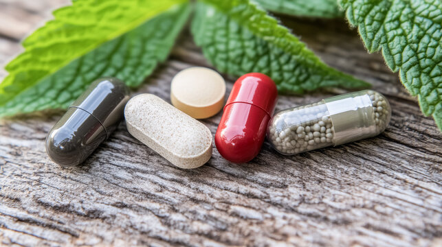 Assorted herbal pills displayed on fresh mint leaves, symbolizing the synergy between nature and herbal medicine for a healthier lifestyle.