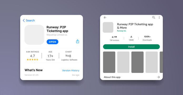App Store and Play market interface. App listing template. Store for mobile application mock-up. Apps page profile with rating screen. Games play list market. Vector illustration.