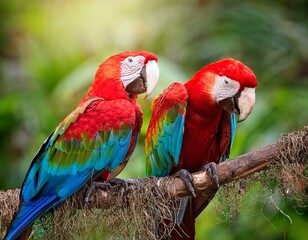 Obraz premium Colorful of Greenwinged Macaw aviary, sitting on the log