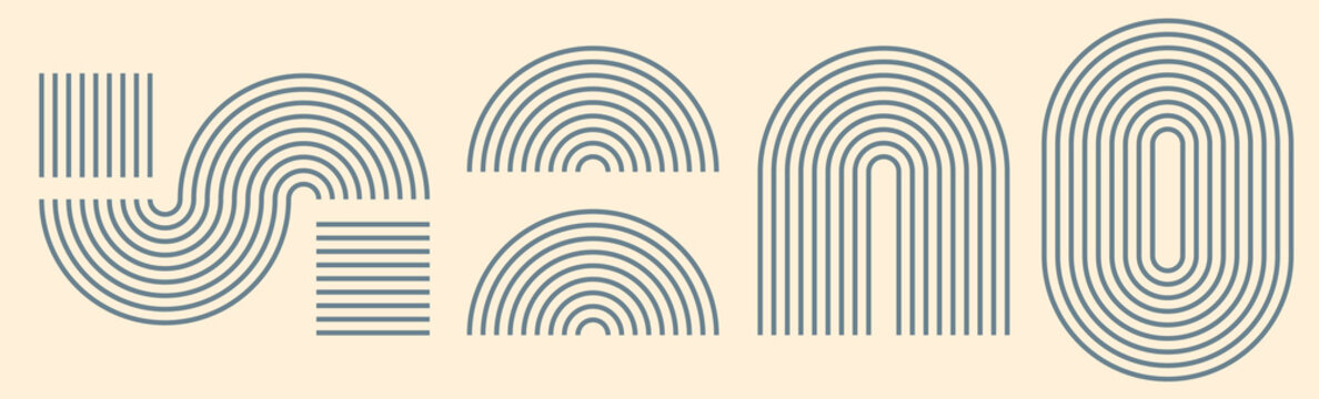 Lines abstract geometric shapes elements design vector graphic illustration set, stripes strokes oval wave arch and half circle symbol modern trendy boho style decor image clip art
