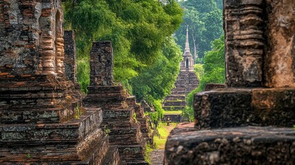 Obraz premium Ancient Temple Pathway Surrounded by Lush Greenery