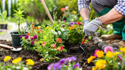 Fototapeta premium Vibrant and colorful garden being carefully tended by a gardener with gloves
