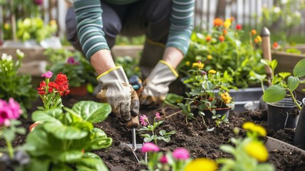 Fototapeta premium Vibrant and colorful garden being carefully tended by a gardener with gloves