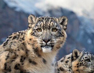 Fototapeta premium Portrait of nice snow leopard on the rock