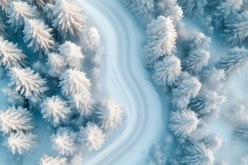 Aerial view of a winding road through a winter forest, with a blue and white color scheme