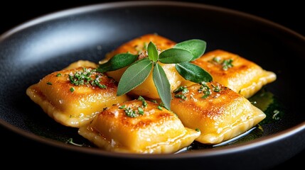 Fototapeta premium Delicious golden brown ravioli garnished with fresh herbs served in a sleek black bowl