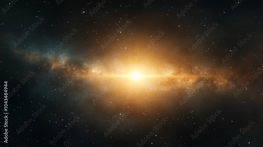 Wall mural glowing starburst at the center of a galaxy with nebula clouds and distant stars