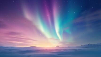 Obraz premium Colorful Northern Lights Aurora Borealis Over Snowy Winter Landscape at Twilight