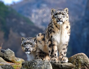 Fototapeta premium Portrait of nice snow leopard on the rock