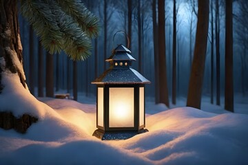 Christmas lantern with lit candle in the evening snowy winter forest.