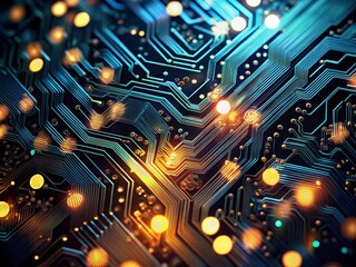 Obraz premium Abstract Modern Dark Theme Circuit Board Background with Bokeh Effect for Technology Design