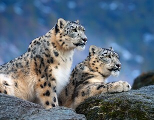 Portrait of nice snow leopard on the rock