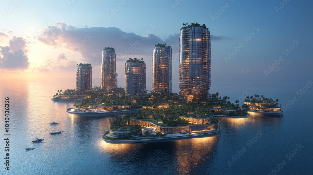 Poster a cluster of futuristic skyscrapers rises on a lush island, reflecting in the calm water as twilight