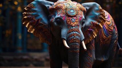 A detailed, intricately carved and painted elephant statue stands in front of a traditional building.