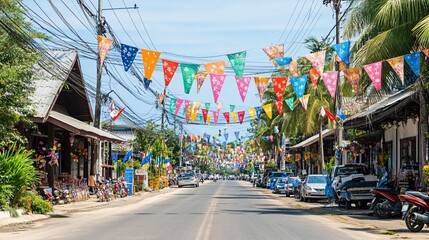 Colorful Festive Banners Decorate Street Scene