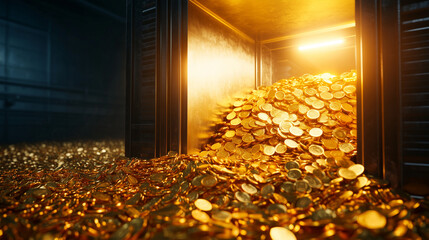 Large Open Bank Vault with Gold Coins and Bars
