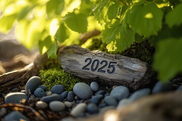 Jahreszahl 2025 auf einem Holzstück im Wald